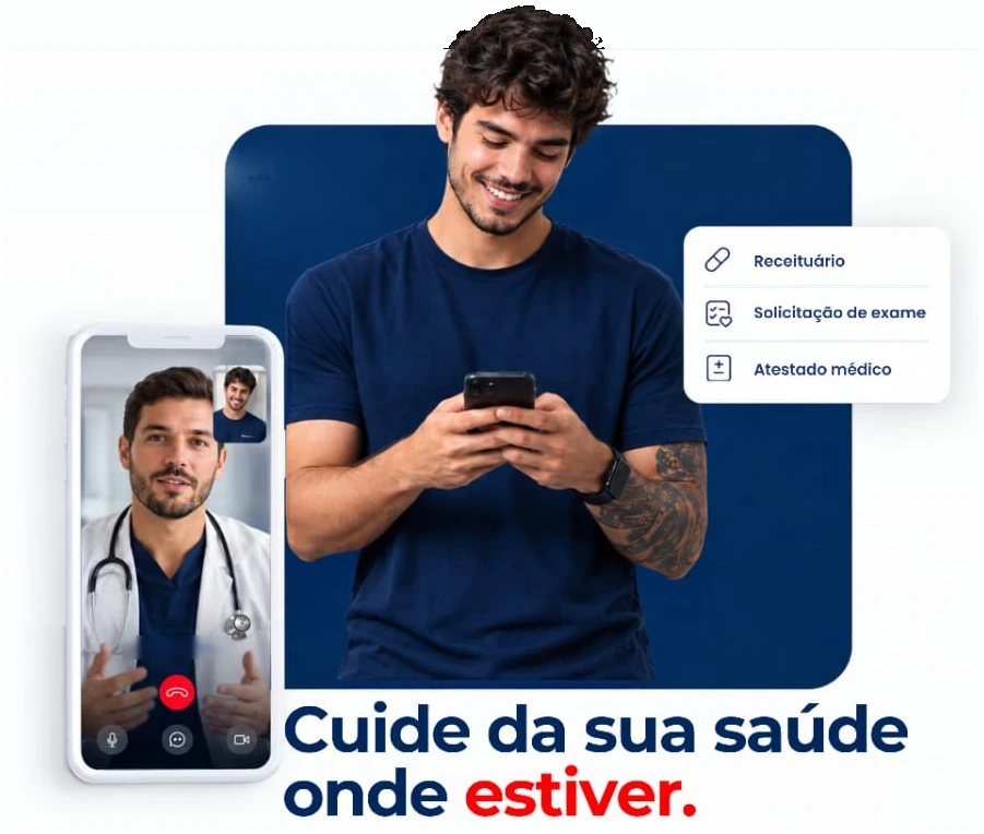 Pessoa em atendimento por vídeo com um médico pelo celular. Cuide da sua saúde onde estiver.